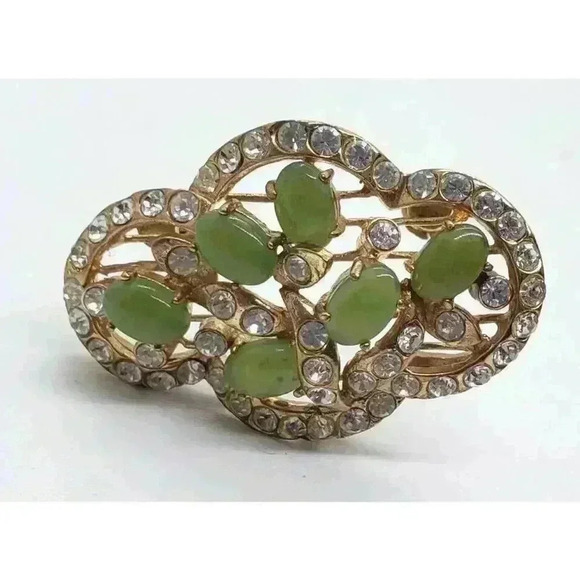 Vintage Brooch Jade 10k Gold Filled Rhinestone Accents art deco Flower Leaves - Picture 1 of 13